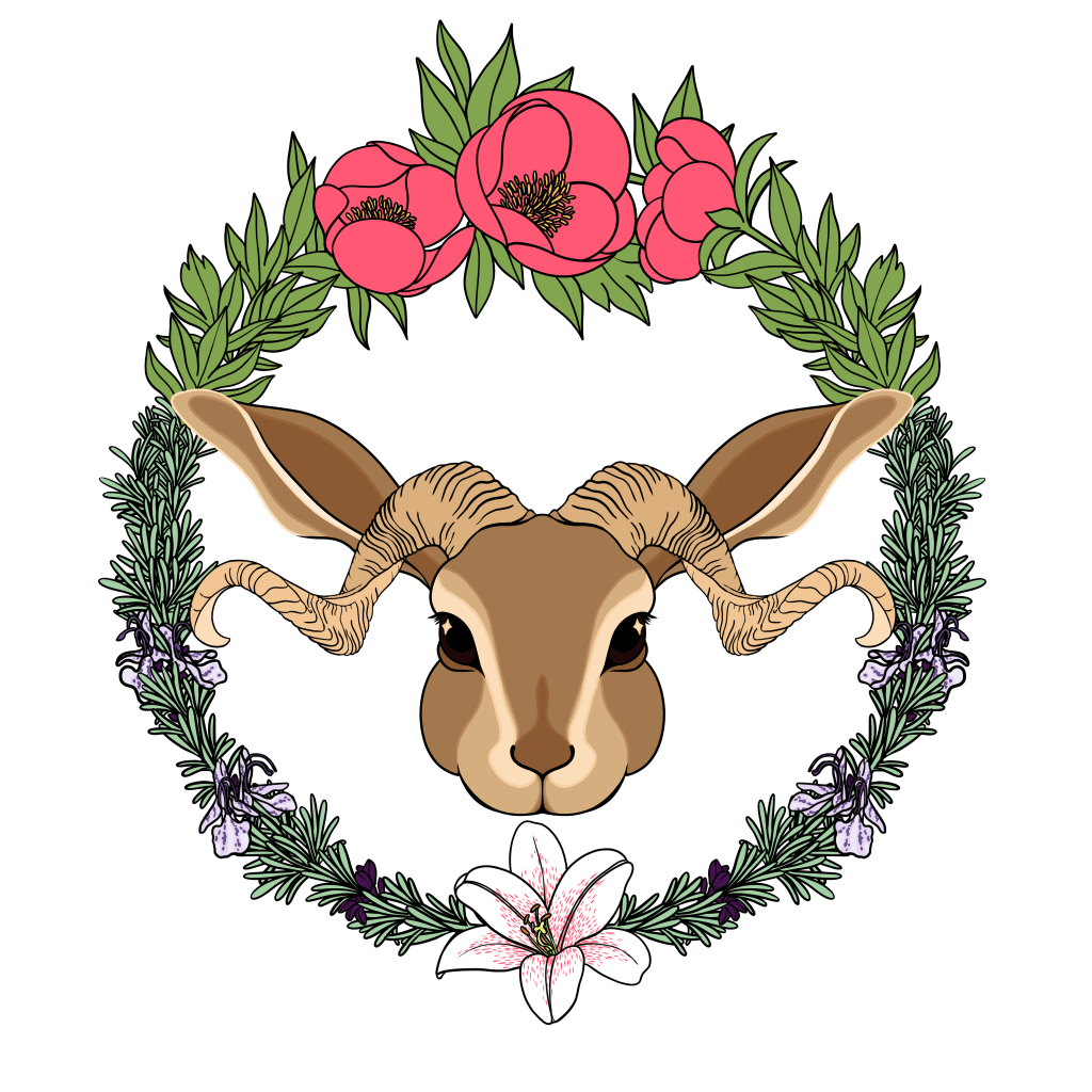 Logo de l'entreprise : une chacalope (un lapin avec des cornes de bélier) dans une couronne de romarin, pivoine et lys